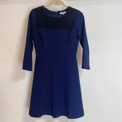 【美品】ナチュラルビューティーベーシック　ワンピース　フレア　膝丈　ネイビー　L