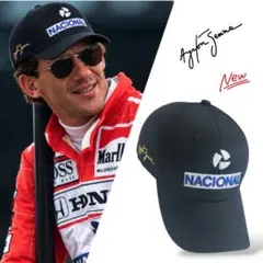 新品　アイルトン・セナ サイン刺繍入 NACIONAL黒レーシングキャップ F1