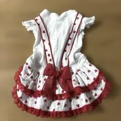 【 犬服 】可愛いイチゴ柄 ワンピース リボン付き レース ホワイト×レッド