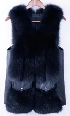 新品限定★最高級↑フォックス ベスト黒★毛皮リアルファー/人気オシャレ流行