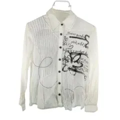 透け感 花柄刺繍 デザインシャツ 長袖 ホワイト L レディース ナチュラル