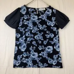 【美品】Free People ローズ柄パフスリーブカットソー 異素材切替 Mのサムネイル
