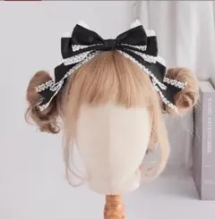 新品 ヘッドドレス フリル リボン カチューシャ コスプレ 地雷 ブラック