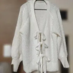 GRLアイボリーリボン付きニットカーディガン