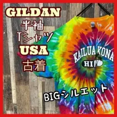 ギルダン 総柄 タイダイ柄 カレッジロゴ風 メンズ 2XL 古着 半袖 Tシャツ