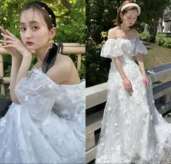 【美品】ドレスプロダクション W272 フラワーレースパフスリーブドレス フラワーレース パフスリーブドレス（W272）