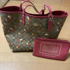 COACH トートバッグ チェリー柄　リバーシブル　ポーチ付き