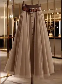 ベージュ フレアスカート　チュールスカート