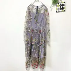 韓国パーティードレス S相当 キャミ付きワンピ 花刺繍 レース 結婚式 二次会