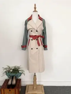 英国風 カラーブロック トレンチコート ダブルブレスト ロングコート