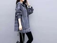新品未使用✴︎人気商品　フード付きグレーのチェック柄パーカー　重ね着風デザイン