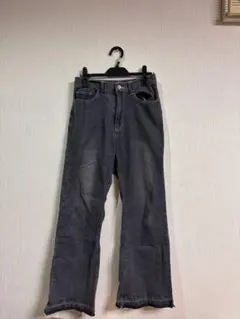 グレー フリンジ裾 ゴムウエスト ストレートデニム