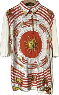 エルメス［シルクシャツ］スカーフ柄 チェーン カシミヤ ハーフボタン