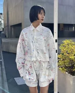 花柄クロップドシャツ 長袖 ホワイト