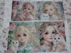 パネル生地　女の子と猫　プリンセス　お姫様　白猫　花