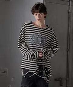 GRANCY】総柄ラインストーングラフィックロンT グランシー ボーダー L