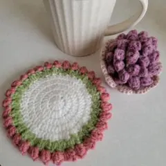 ハンドメイド　かぎ針編み　かご付き　花束コースター　2枚セット　No.91