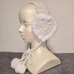 白 ハート ラメ入りふわふわイヤーマフ