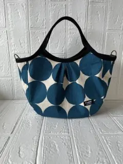 ドット柄ブルー×ナチュラル地グラニーバッグ　ハンドメイド
