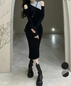 前後2way　ブラックニットワン　黒 ニットワンピ ロングニットワンピ