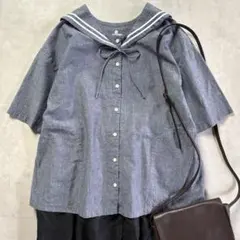 美品 PAR ICI パーリッシィ 綿麻 セーラーカラーブラウス デニム 