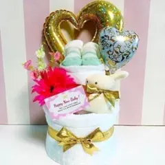 ★出産祝いに大人気！オーガニックおむつケーキマスコットガラガラ豪華2段 女の子
