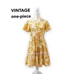 昭和レトロ　ロングワンピース　半袖　総柄　花柄　ボタニカル　フリル襟　華やか