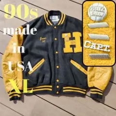 USA製 90s DeLONG スタジャン XL 黒 黄 デロング チームロゴ