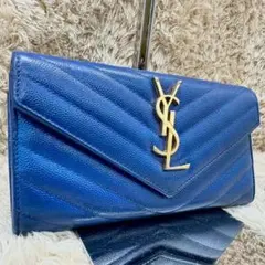 【美品】サンローラン 長財布 フラップ ブルー Vステッチ YSLのサムネイル