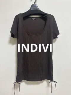 INDIVI リブ編み ダークブラウン 半袖Tシャツ大きいサイズ48