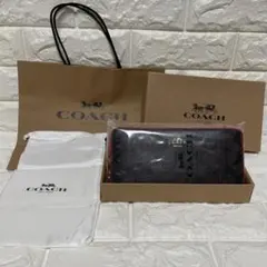 【新品未使用】COACH コーチ 長財布 シグネチャー ブラウン×レッド付属品付