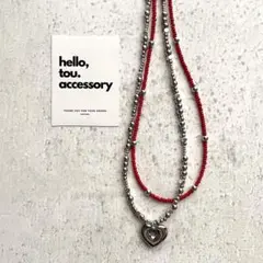 シルバービーズネックレス　赤　ステンレスハートモチーフ　チョーカー風ネックレス