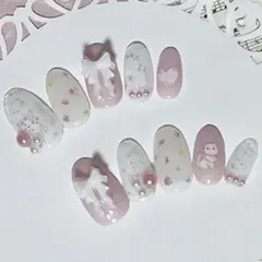 ネイルチップ 量産型 地雷系 猫 リボン レース ピンク ハンドメイド