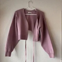 リブ編みピンククロップドカーディガン ショート丈
