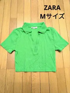 ZARA リブ トップス ポロシャツ Mサイズ クロップド グリーン