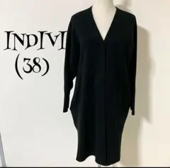 インディヴィ（38）黒ロングカーディガン/カシミア/前ボタン/Ｖネック