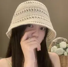 クリーム色 バケットハット 透かし編み