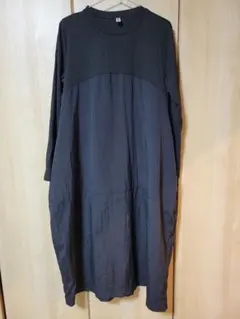 コクーンワンピース 膝下丈 切り替え 長袖 無地 ブラック 体型カバー