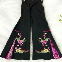中華風 花柄刺繍 フレアパンツ 黒 スリット M チャイナ イベント ハロウィン