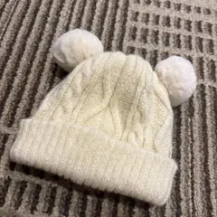 アイボリー ポンポン付きベビー帽子 48-50cm