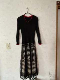 ニット切替 ストレッチ ワンピース (レーススカート)