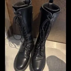 レースアップロングブーツ ブラック 編み上げブーツ レディース