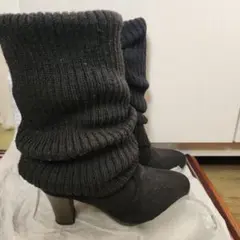 ニットスエードブーツ 黒 中ヒール