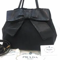 プラダ トートバッグ 2way ロゴジャガード レザー×ナイロン 黒 ギャラ付