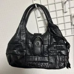 ブラックレザー ハンドバッグ クロコダイル風