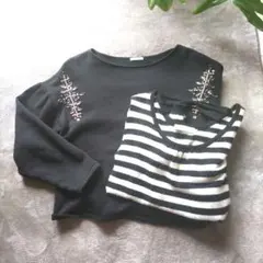 セット　トレーナー　ニット　黒　ビジュー付　裏起毛　ボーダー