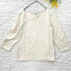グリーンレーベル　アシーメトリーリブニットトップス　七分袖　ホワイト　F 綿