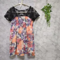 J-16半袖Tシャツトップスチュニック花柄レース黒総柄のサムネイル