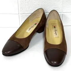 銀座かねまつ パンプス 24.5cm ブラウン レザー チャンキーヒール 上品