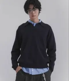 ネイビー ポロカラー 長袖ニットセーター